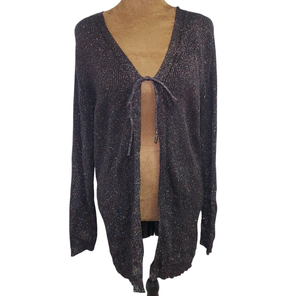 Vtg Y2K Fashion Bug Metallic Knit Tie Front Cardigan Size L Colorful Ribbed